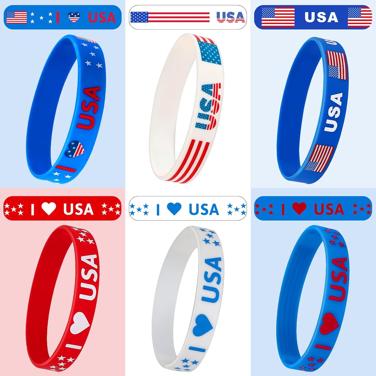 JUNEBRUSHS 24 pulseras de silicona para fiestas del 4 de julio, con bandera estadounidense, color rojo, blanco y azul, para fiestas patrióticas del