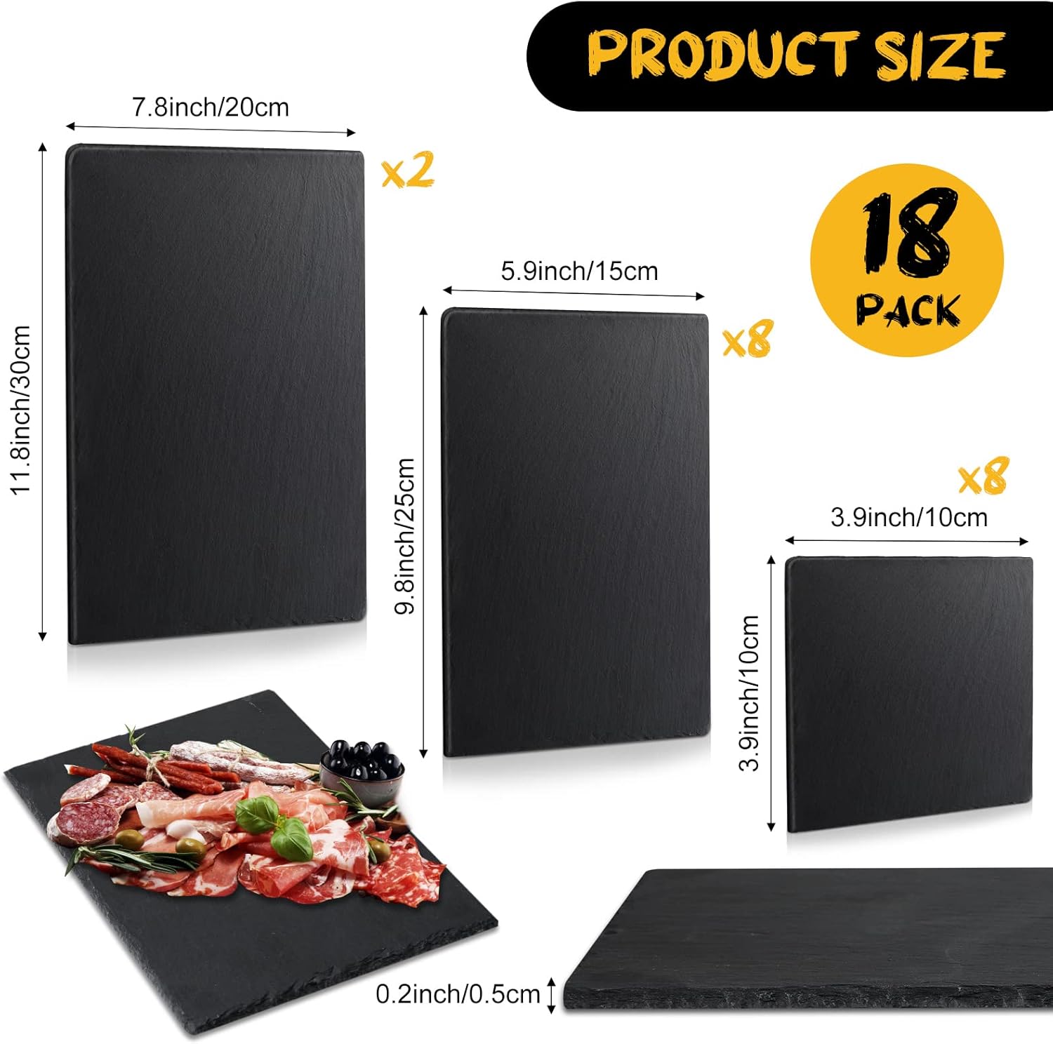 Didaey Juego de 18 tablas de pizarra negra para queso, platos de piedra para sushi, bandeja de queso de pizarra individual para Navidad, cortar,
