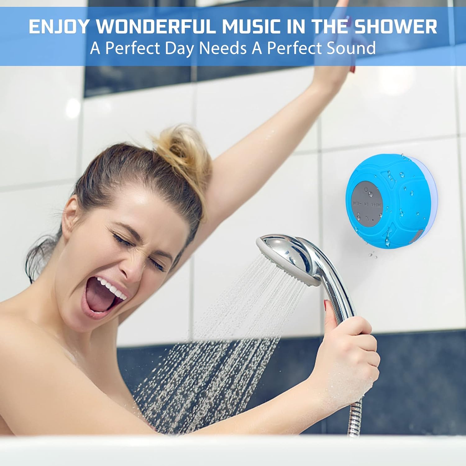 Altavoz de ducha Bluetooth impermeable portátil inalámbrico resistente al agua manos libres altavoz con micrófono incorporado, ventosa para baño azul