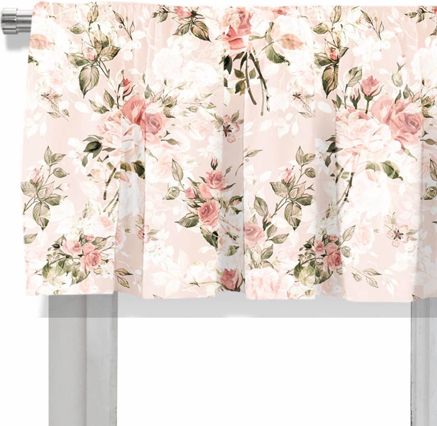 Cenefa de cortina corta opaca con botones de rosas y hojas de acuarela para decoración de cocina, dormitorio, 52 x 18 pulgadas, rosa cálido, 1 panel