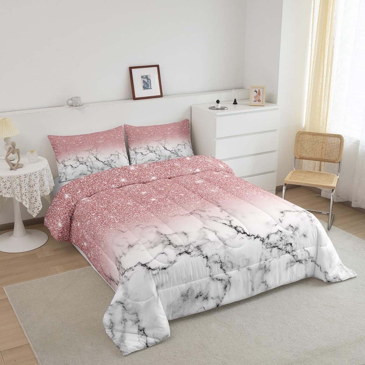 Feelyou Juego de edredón de mármol para niñas, tamaño individual, con purpurina degradada, para niños, niñas y mujeres, juego de ropa de cama con