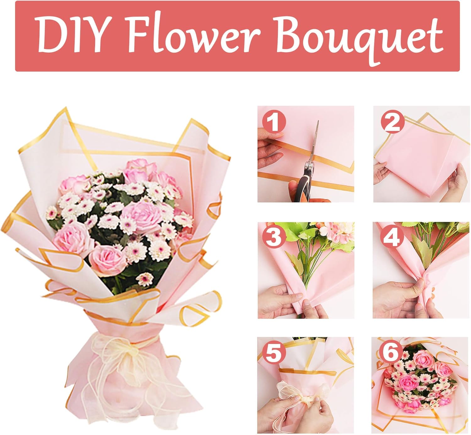 JOYIT 60 hojas de papel de regalo de flores rosadas, papel de regalo de ramo de flores con cinta y tarjetas, papel de flores impermeable para bodas,