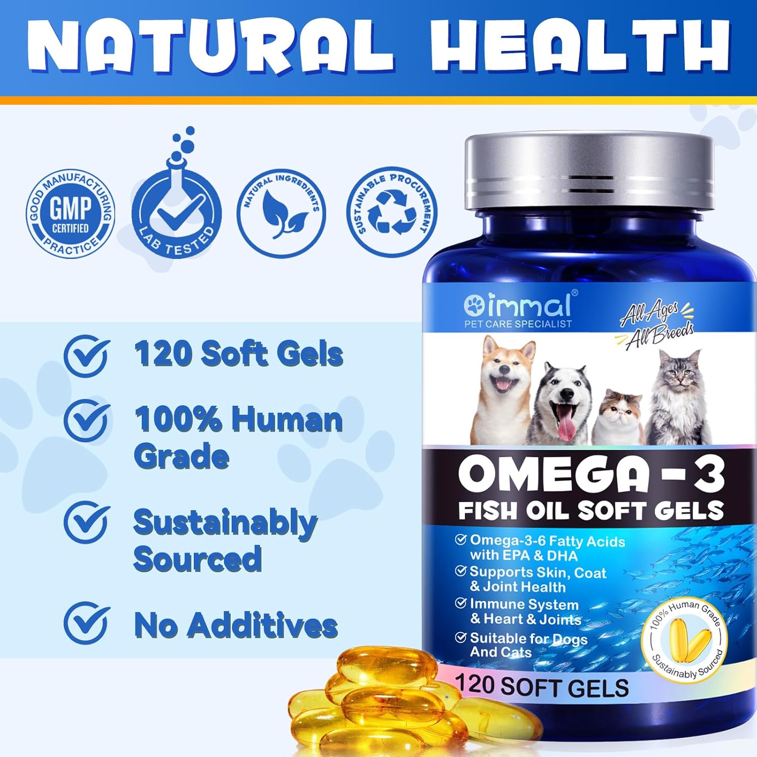 Omega-3 para mascotas, aceite de salmón, geles suaves para perros y gatos (120 unidades) – Suplemento de salud para la piel y el pelaje con ácidos