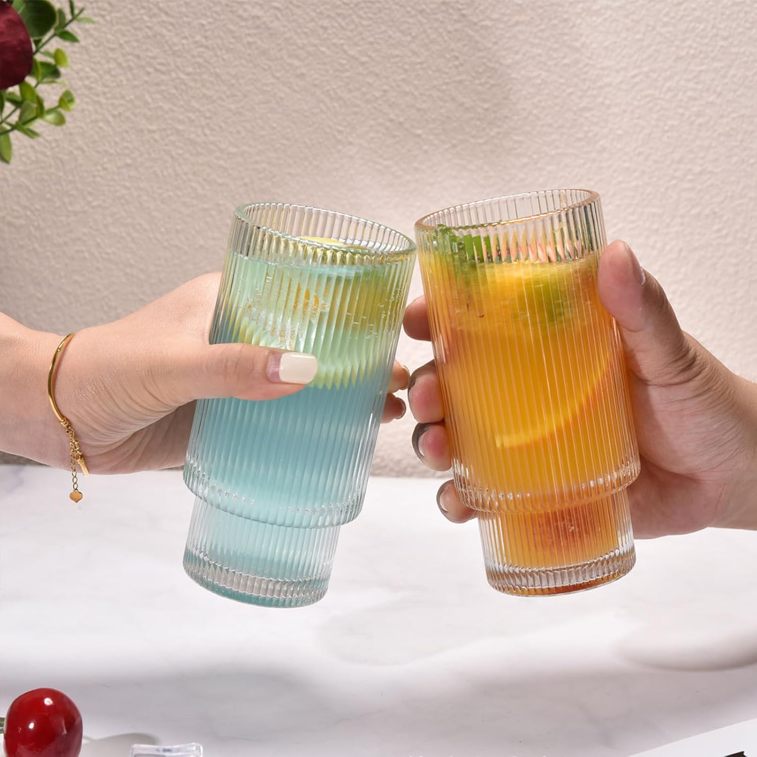 XKXKKE Juego de 6 vasos de bebida acanalados de 12 onzas, cristalería transparente vintage para café helado, vasos altos para cola de coocktail,