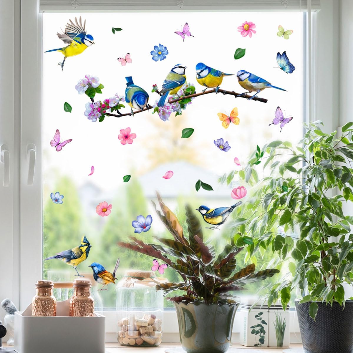 Calcomanías florales de doble cara para ventana de primavera y verano, calcomanías coloridas para ventanas de pájaros de vidrio, puertas