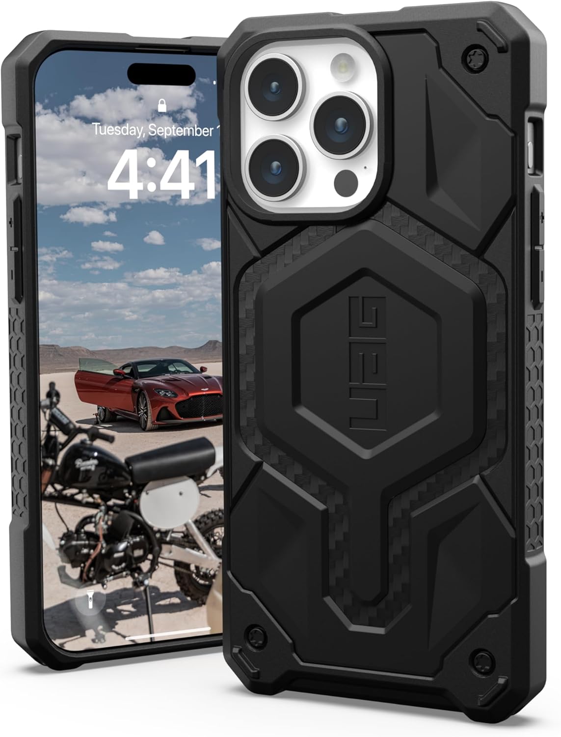 URBAN ARMOR GEAR UAG – Funda diseñada para iPhone 15 Pro Max Monarch Pro de fibra de carbono de 6.7 pulgadas, paquete con cordón cruzado UAG para