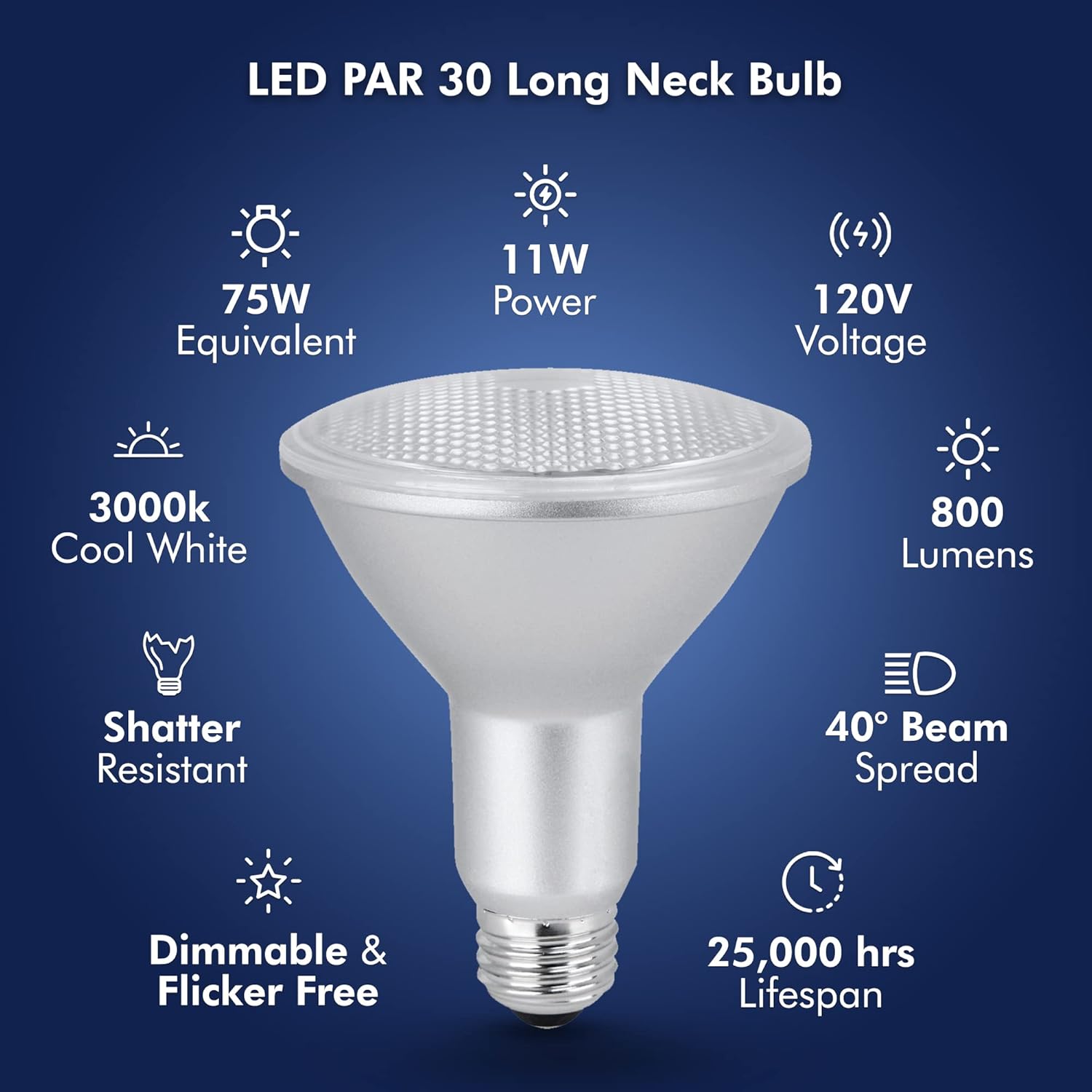 Xtricity PAR 30 bombillas LED regulables de cuello largo, bombillas LED de 11 W, equivalente a 75 vatios, 800 lúmenes, blanco suave de 3000 K, 120