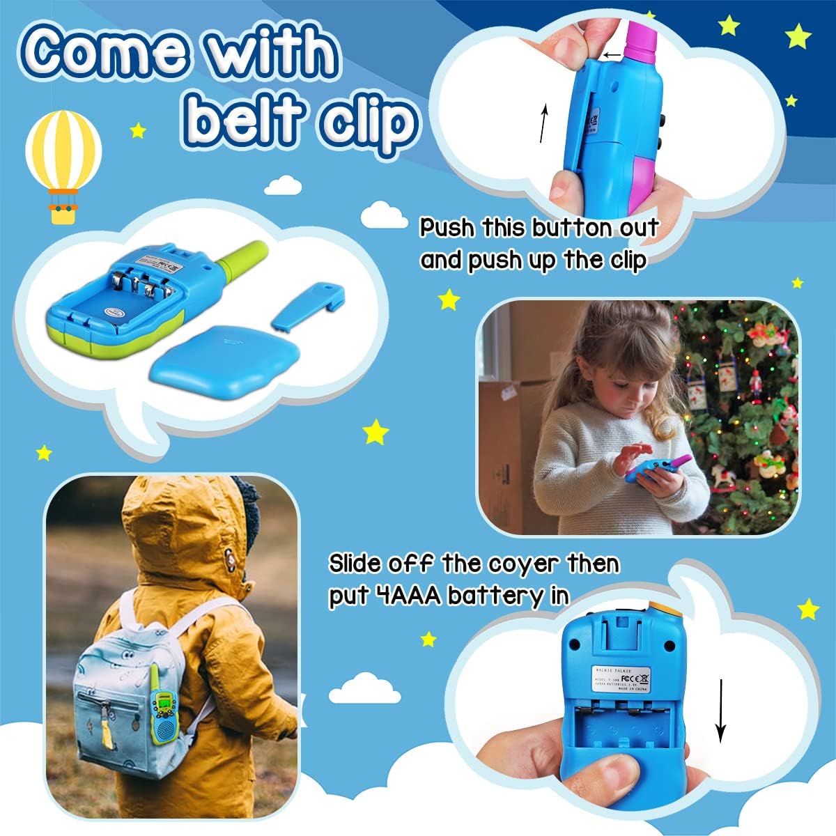 LOOIKOOS Walkie Talkies para niños, radio Walky Talky de largo alcance de 1.9 mi de juguete para niños y niñas, paquete de 3