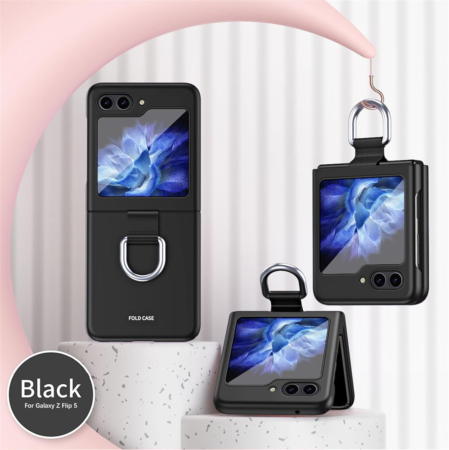 Funda compatible con Samsung Galaxy Z Flip 5 5G con anillo, a prueba de golpes, funda protectora para Samsung Galaxy Z Flip5 5G QHZH, color negro