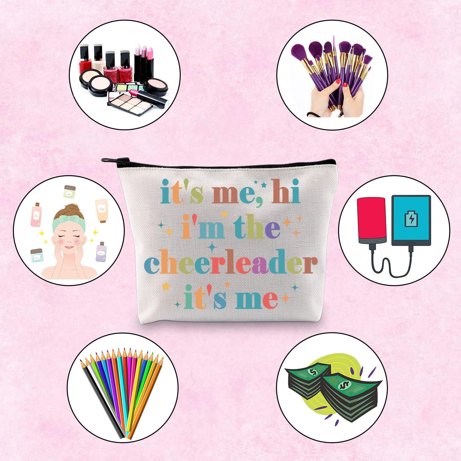 TSOTMO Bolsa de maquillaje con cremallera para animadora It’s Me, Hi I’m The Cheerleader It’s Me Bag Cheerleading Teammate Gift, Beige, Animadora