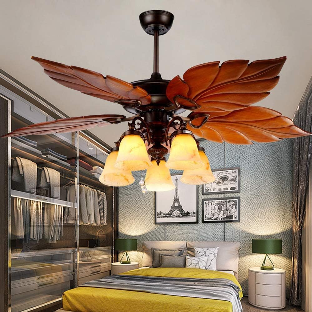 Ventilador de techo de palma de 52 pulgadas con luz y candelabro, 5 aspas de madera, acabado rústico de bronce nuevo. Ideal para el hogar,