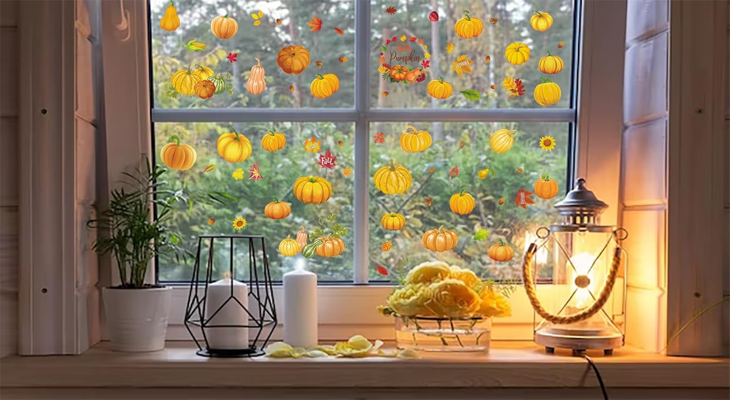 Hying 9 hojas de calabazas de otoño para ventana, calcomanías de Acción de Gracias para ventana, calcomanías estáticas de otoño con hojas de otoño