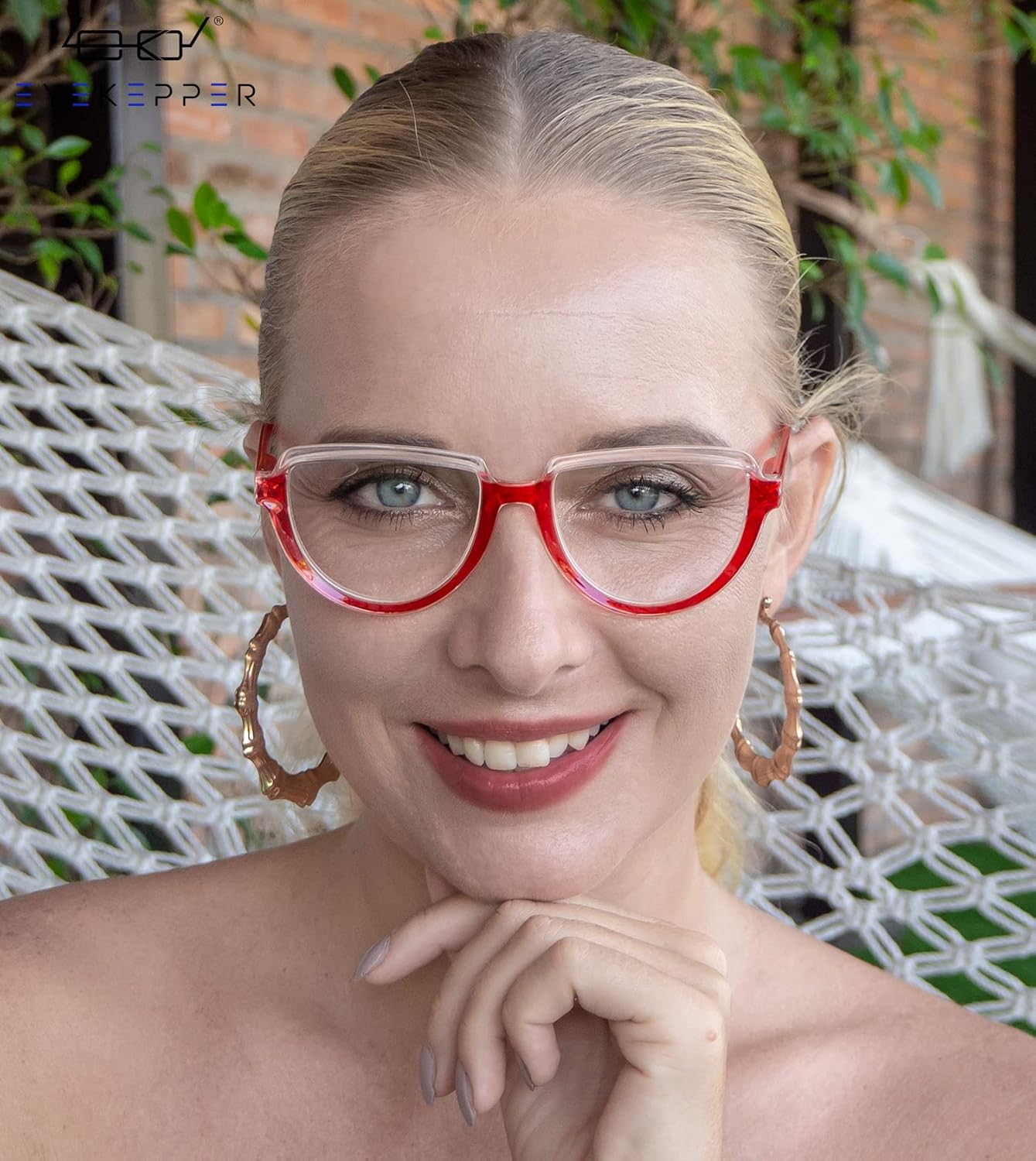 Eyekepper Gafas para mujer leyendo marco grande – Lectores de diseño de media luna para mujer de gran tamaño, TransparenteRojo