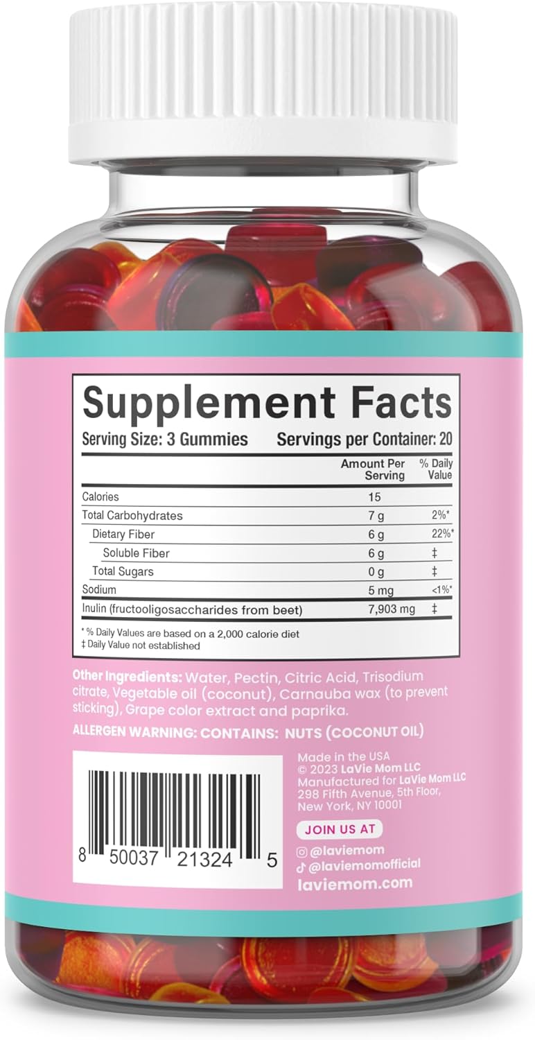 LaVie Gomitas de fibra para mujeres, gomitas sin azúcar para embarazo y posparto, suplementos de fibra, fibra prebiótica a base de plantas, gomita