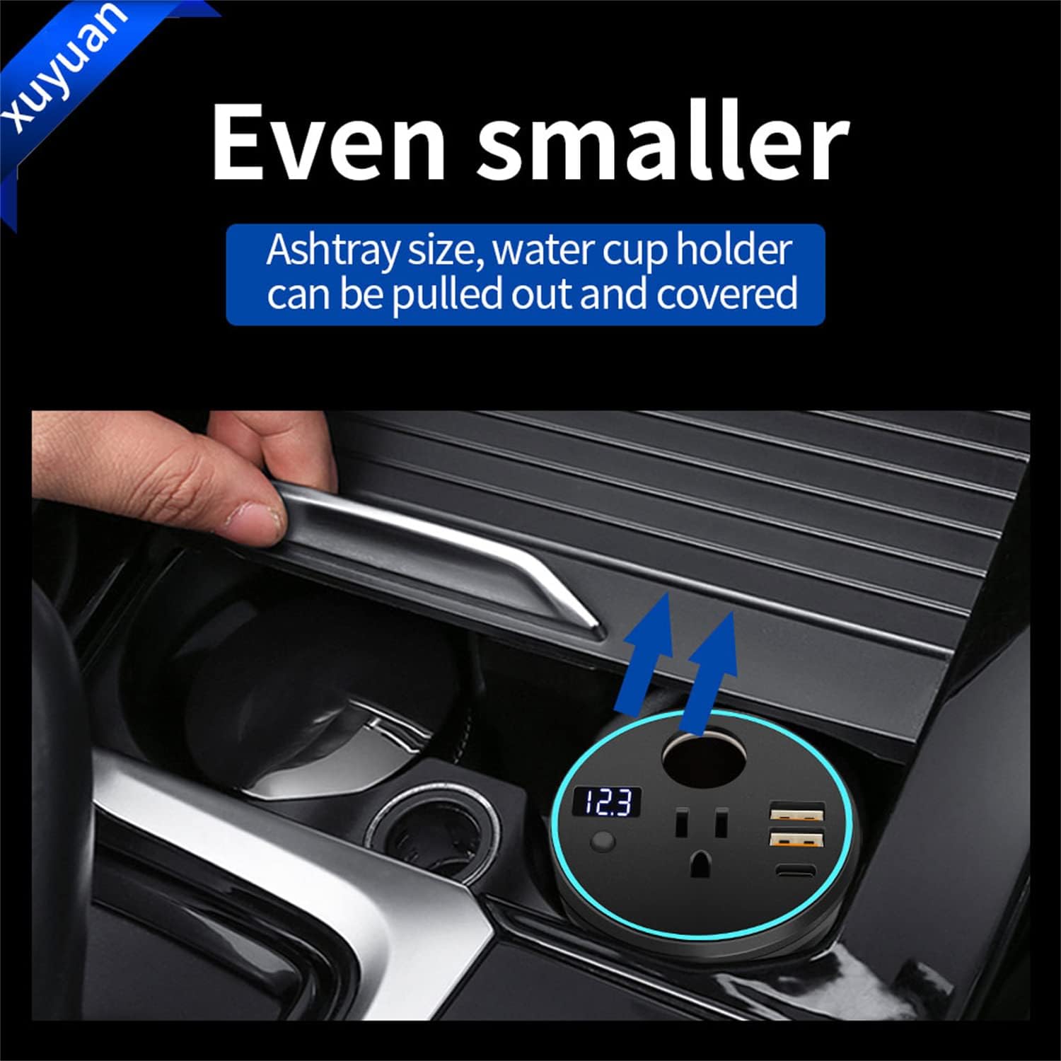 XU Yuan – Inversor de corriente de 150 WPP300 W para vehículos (negro) Diseño de portavasos DC12V a 110V CA  Mini inversor de automóvil con doble