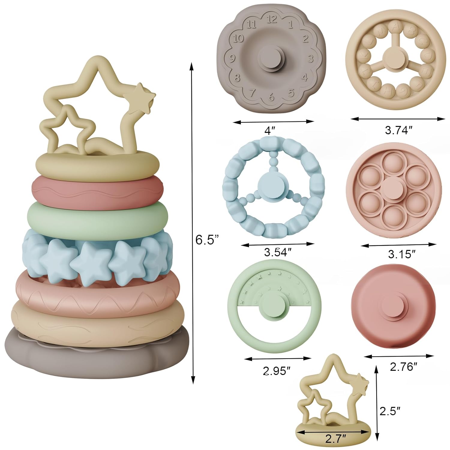Juguetes sensoriales para la dentición del bebé, anillos apilables para niños de 1, 2 y un año, juego de 7 piezas de mordedor para bebés, regalos de