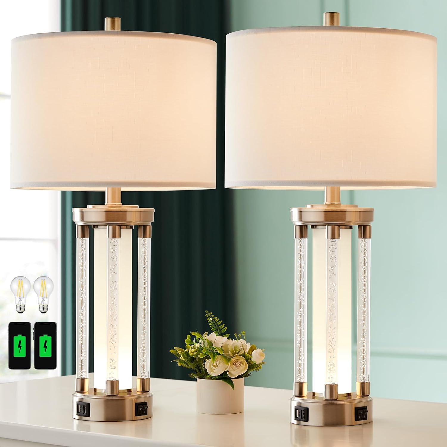 RORIA Juego de 2 lámparas de mesa modernas para sala de estar, dormitorio, lámpara de mesita de noche con 2 puertos USB, lámpara de noche de cristal