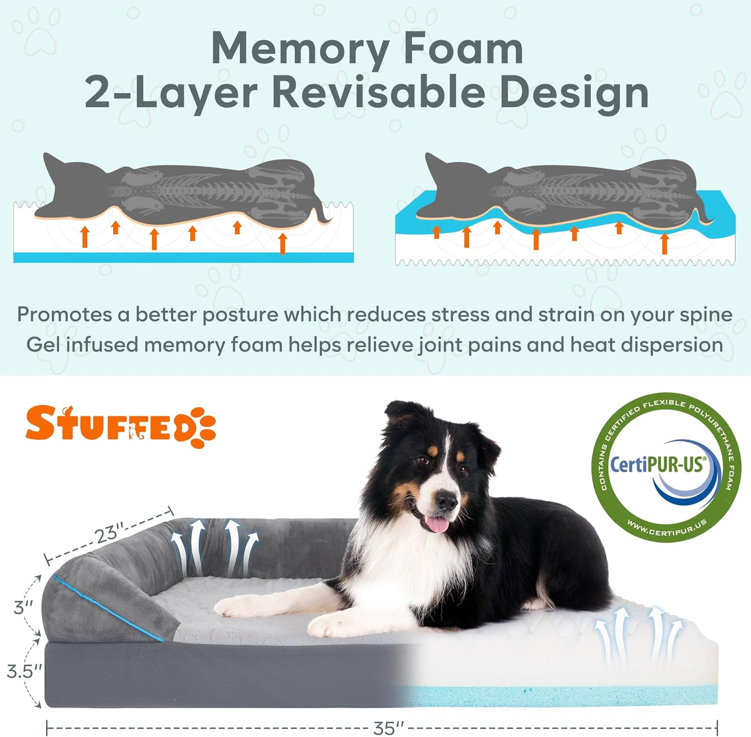 Cama mediana para perros lavable, impermeable, espuma viscoelástica ortopédica de 35 x 23 x 6.5 pulgadas