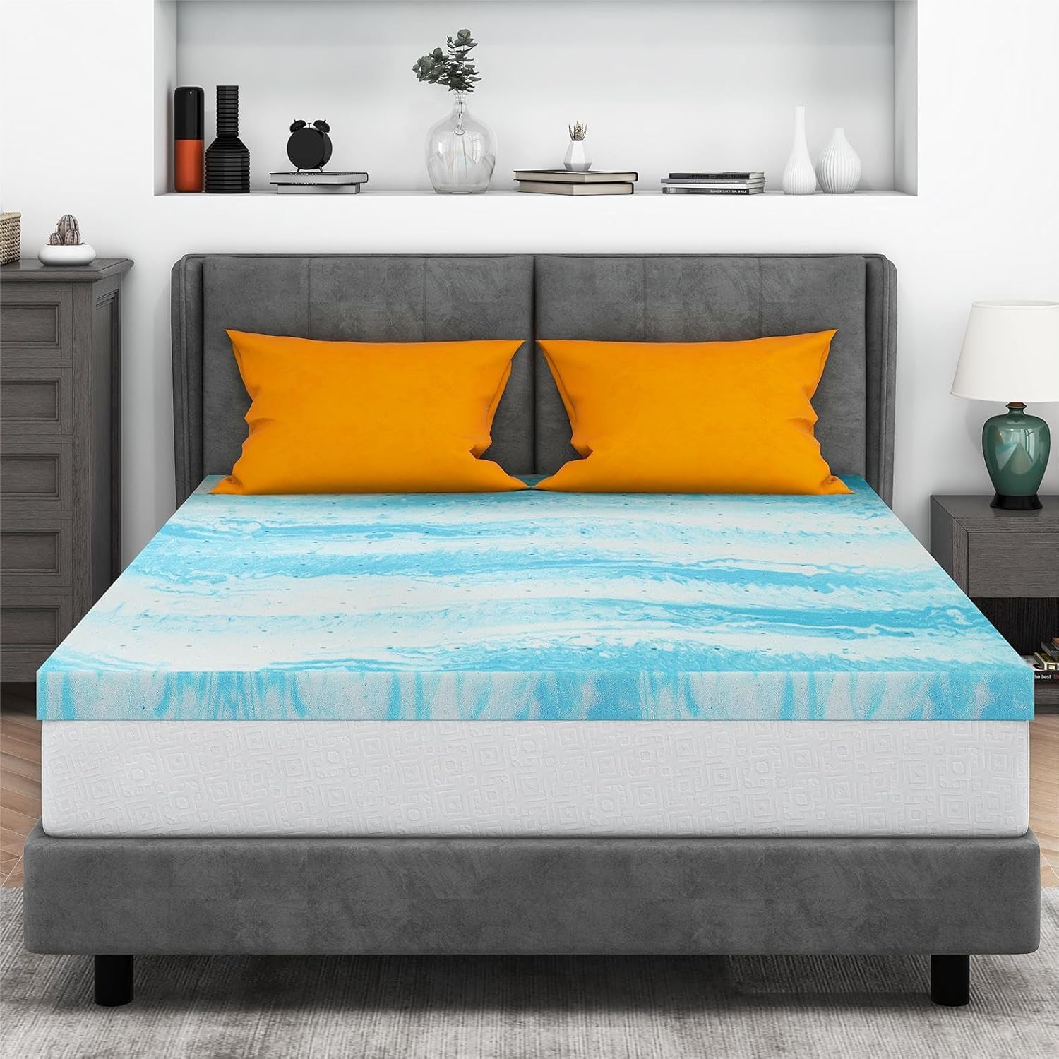 Cubrecolchón de espuma viscoelástica de gel de 2 pulgadas para cama de tamaño individual, certificado CertiPUR-US, color azul