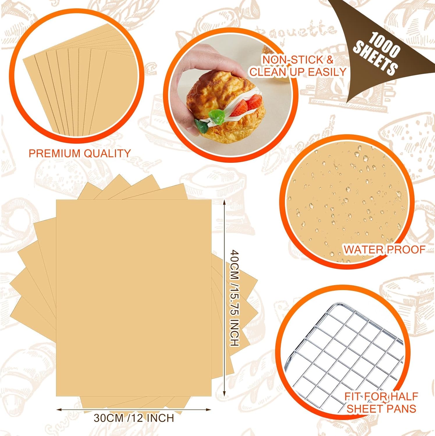 Yeaqee 1000 hojas de papel pergamino sin blanquear de 12 x 16 pulgadas, hoja de envoltura de pan de galletas, papel desechable, para microondas,