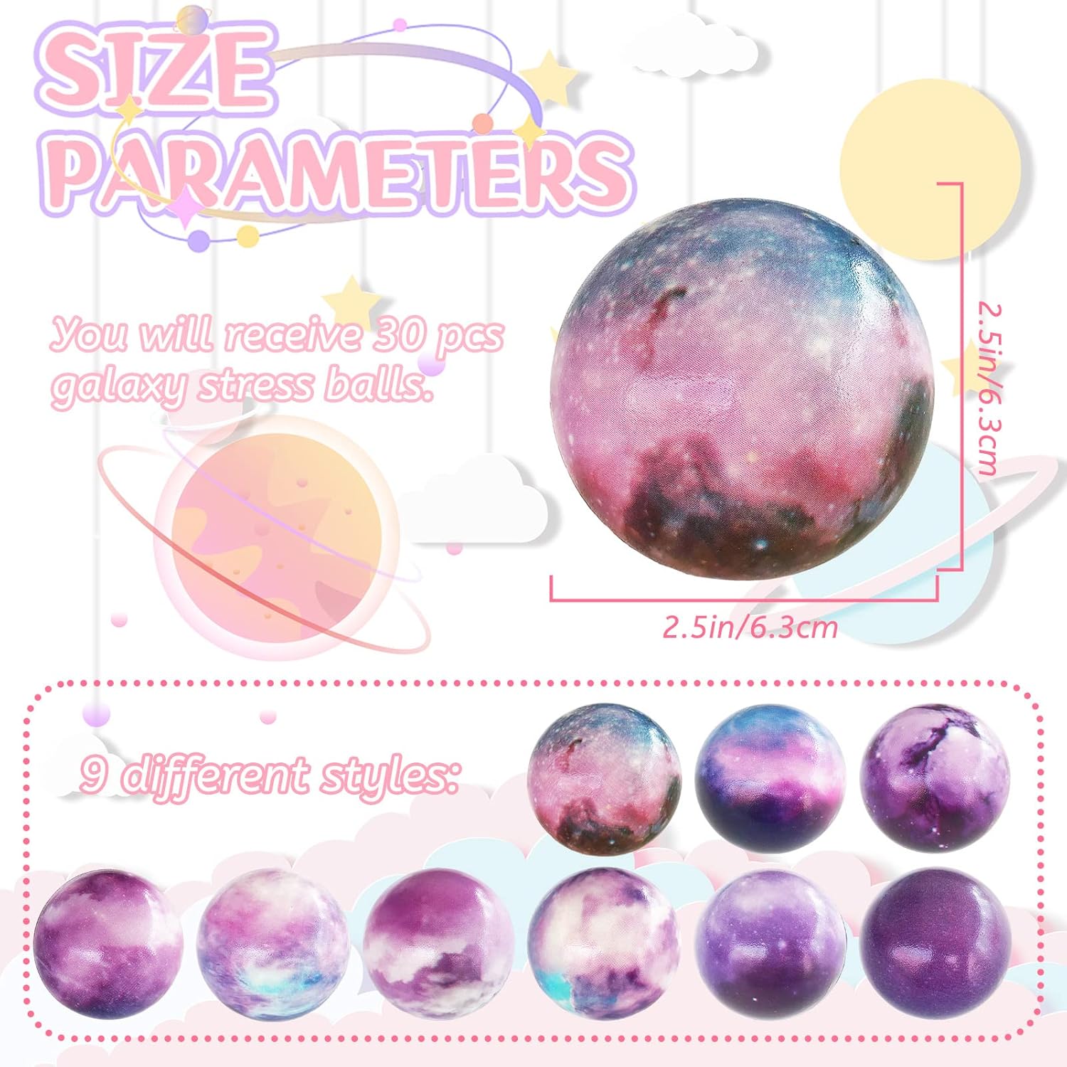 30 bolas antiestrés de galaxia, bolas de espuma con temática del espacio exterior de 2.5 pulgadas, bolas de alivio del estrés para niños, bolas