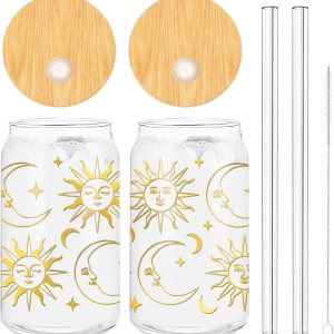 Whaline Paquete de 2 vasos de sol y luna de lámina dorada, vasos de sol y luna y estrella, taza de café mágico de 16 onzas con tapa, popote para Whaline Paquete de 2 vasos de sol y luna de lámina dorada, vasos de sol y luna y estrella, taza de café mágico de 16 onzas con tapa, popote para
