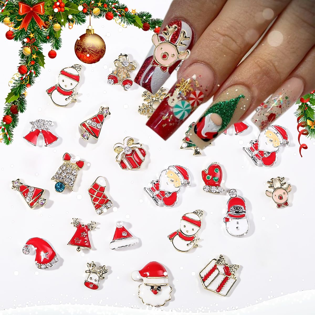 Dijes de uñas de Navidad 3D muñeco de nieve, campana, Papá Noel, diamantes de imitación brillantes para árbol de Navidad, guantes de árbol de