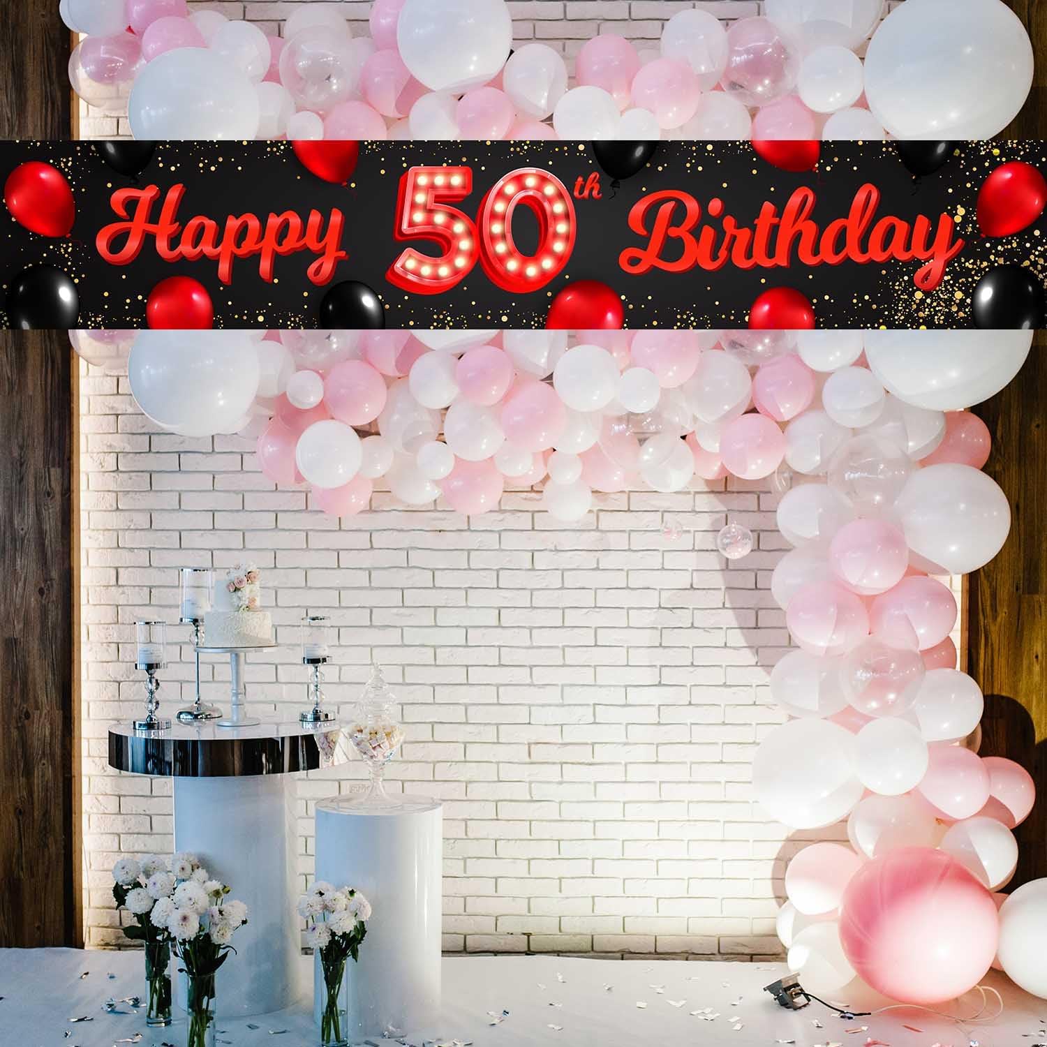 Cartel de feliz cumpleaños número 50 color rojo y negro, globos para decoración temática para patio, jardín, niñas, mujeres, princesas de 50 años,
