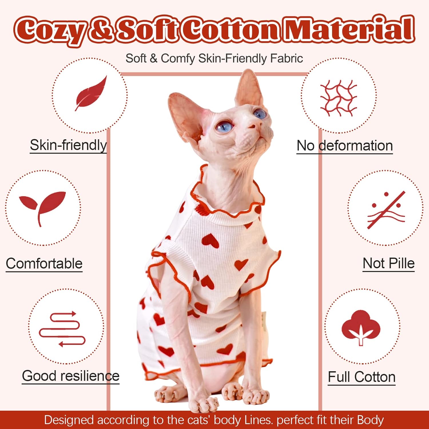 DENTRUN Camisa de gatos sin pelo de Sphynx con patrón de corazón, camisetas de gatito con mangas Perlin, transpirable, lindo suéter adorable sin