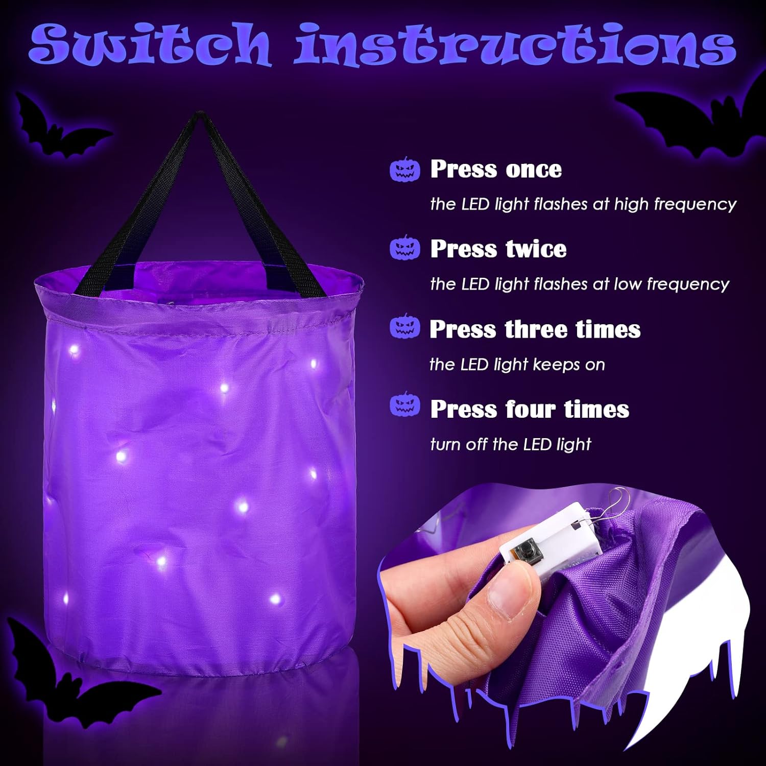 Shappy 2 bolsas de dulces de Halloween con luz LED, bolsas de fiesta de Halloween, multiusos, reutilizables, bolsas de cubo de Halloween, bolsas