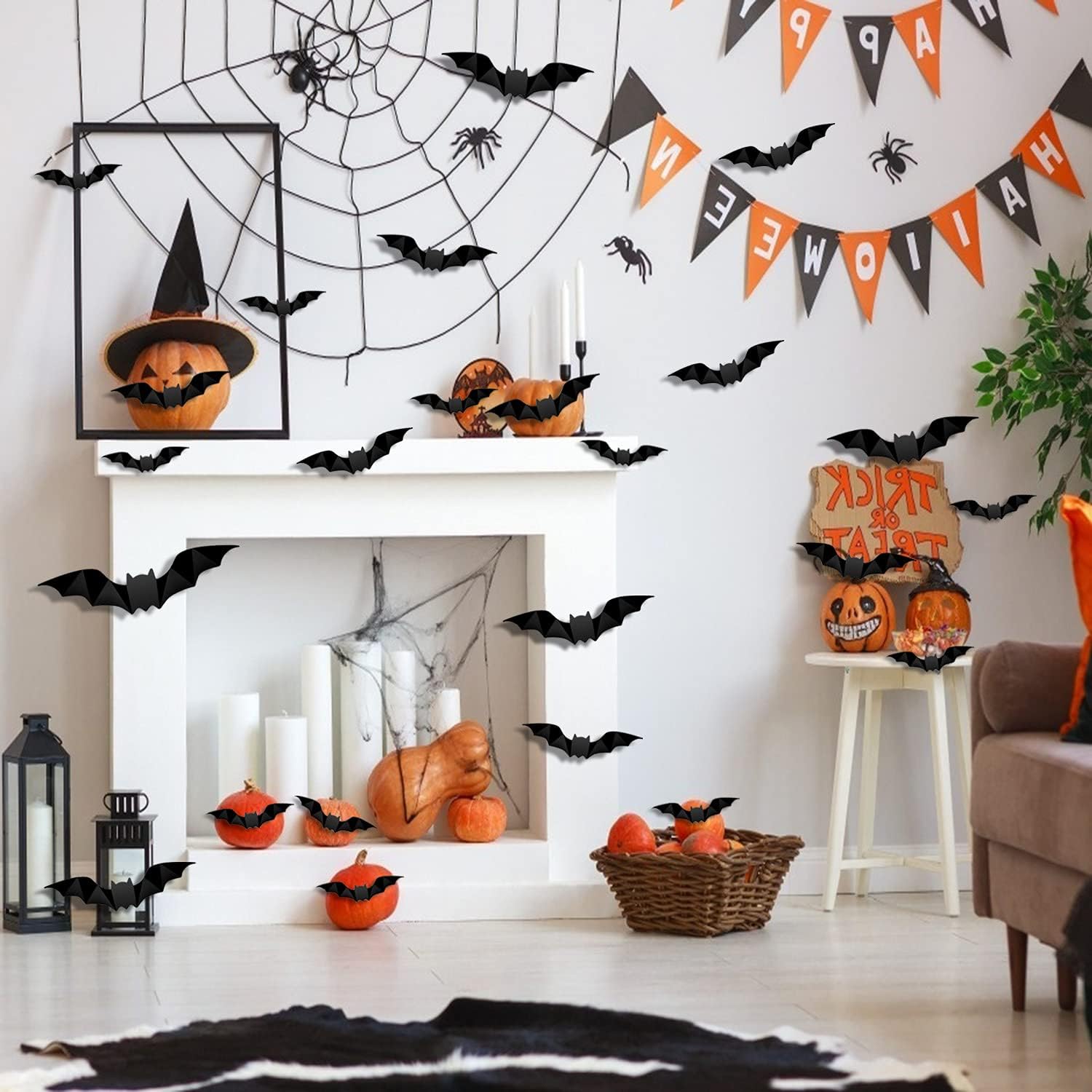 96 calcomanías de pared de murciélagos 3D para decoración de Halloween, 4 tamaños diferentes, realistas de PVC aterrador, calcomanías de murciélago