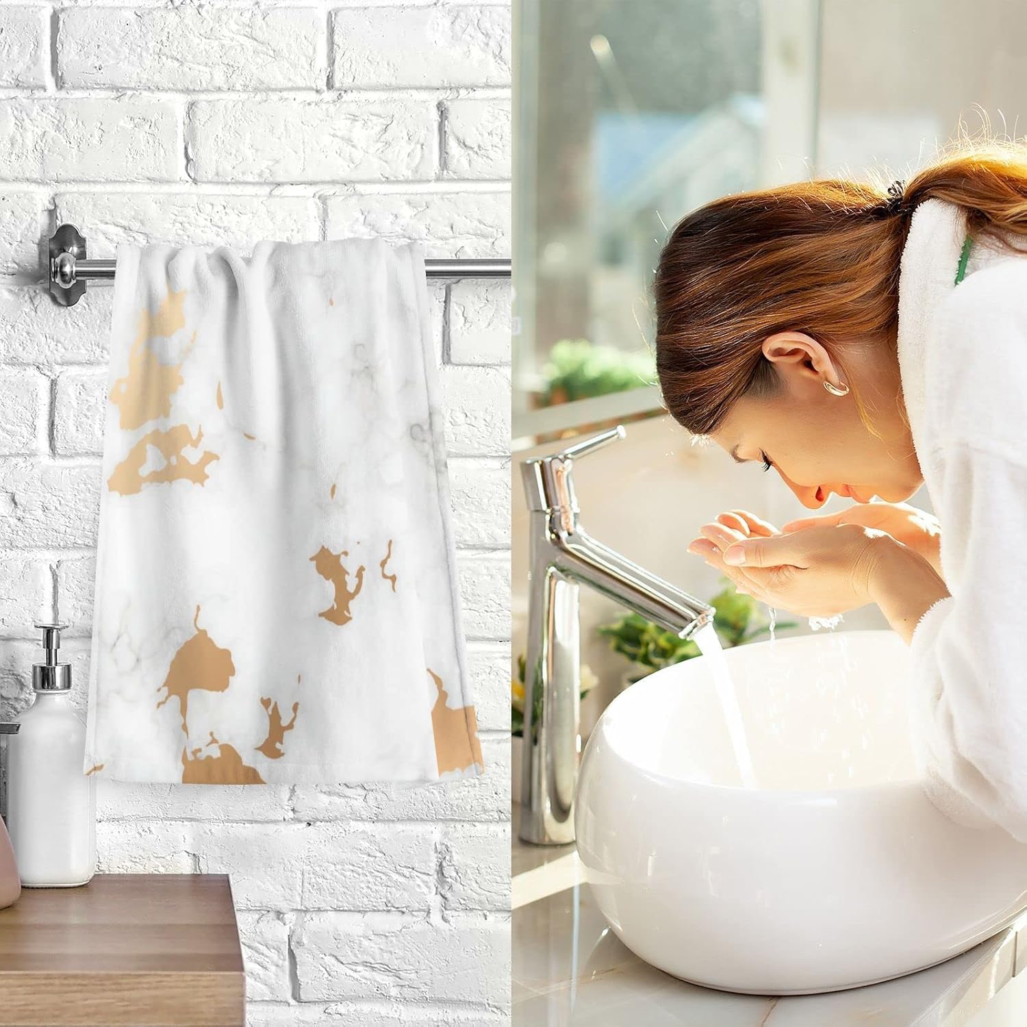 ALAZA Juego de 2 toallas de mano fluidas de mármol gris blanco dorado para baño, toallas de baño suaves 100% algodón, toallas de baño decorativas de
