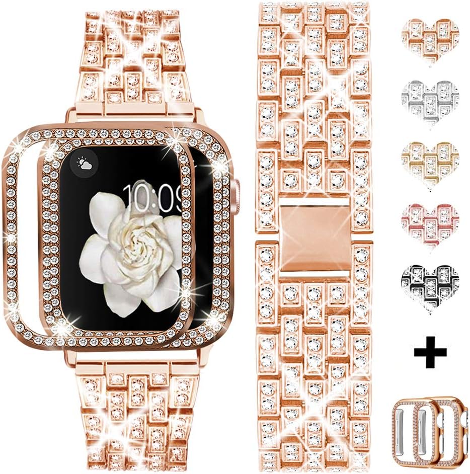 Correa de reloj compatible con Apple Watch Band de 38 mm, con cubierta protectora con diamantes de imitación, con funda protectora para iWatch