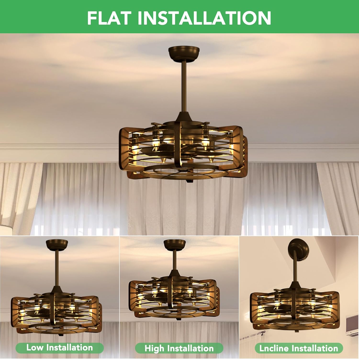 Ventiladores de techo únicos de 21 pulgadas con luces, ventilador de techo enjaulado vintage con luz, ventilador de techo rústico de perfil bajo,