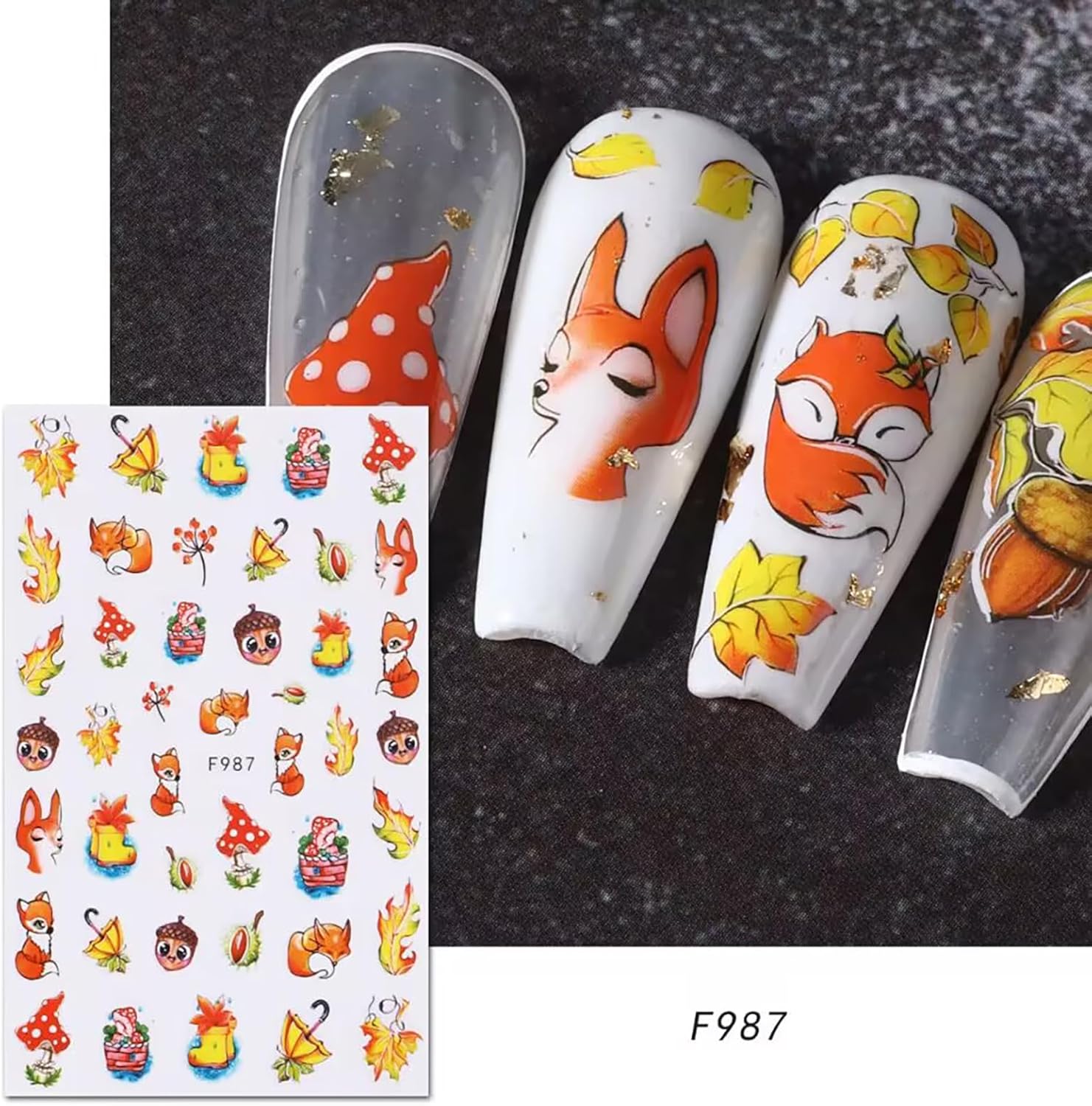 8 hojas de calcomanías de uñas navideñas autoadhesivas 3D, suministros de uñas de temporada, diseño de zorro, alce, hoja de arce, calabaza, diseño