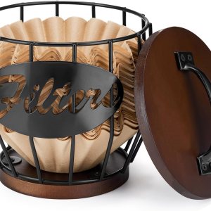 Yangbaga Soporte para filtro de café con tapa de madera, cesta de almacenamiento de filtro de café de madera y metal para filtros de café de 2 a 4 Yangbaga Soporte para filtro de café con tapa de madera, cesta de almacenamiento de filtro de café de madera y metal para filtros de café de 2 a 4