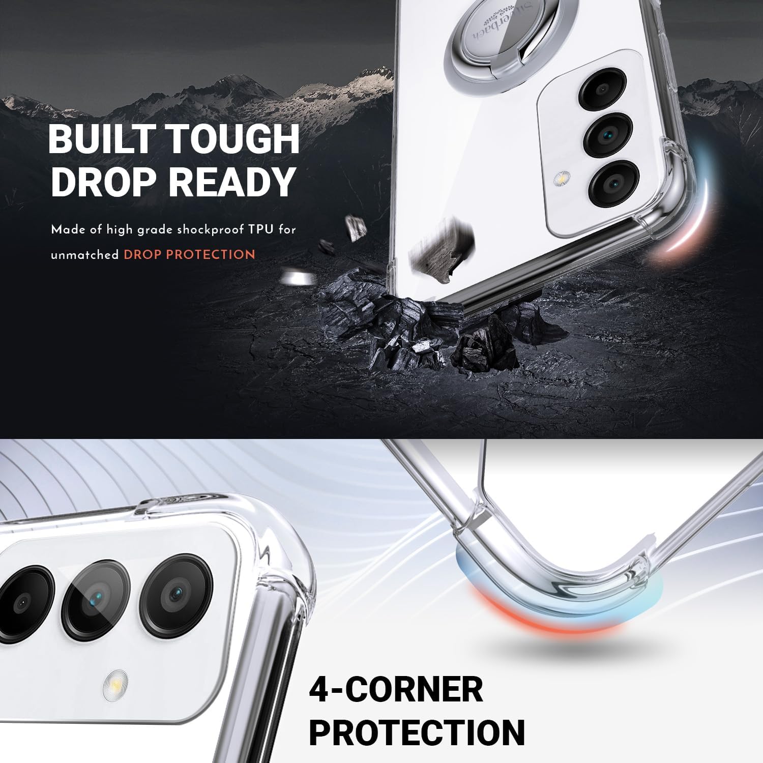 Silverback Funda transparente para teléfono Galaxy A15 5G con soporte de anillo, protección contra golpes, amortiguador, a prueba de golpes, para