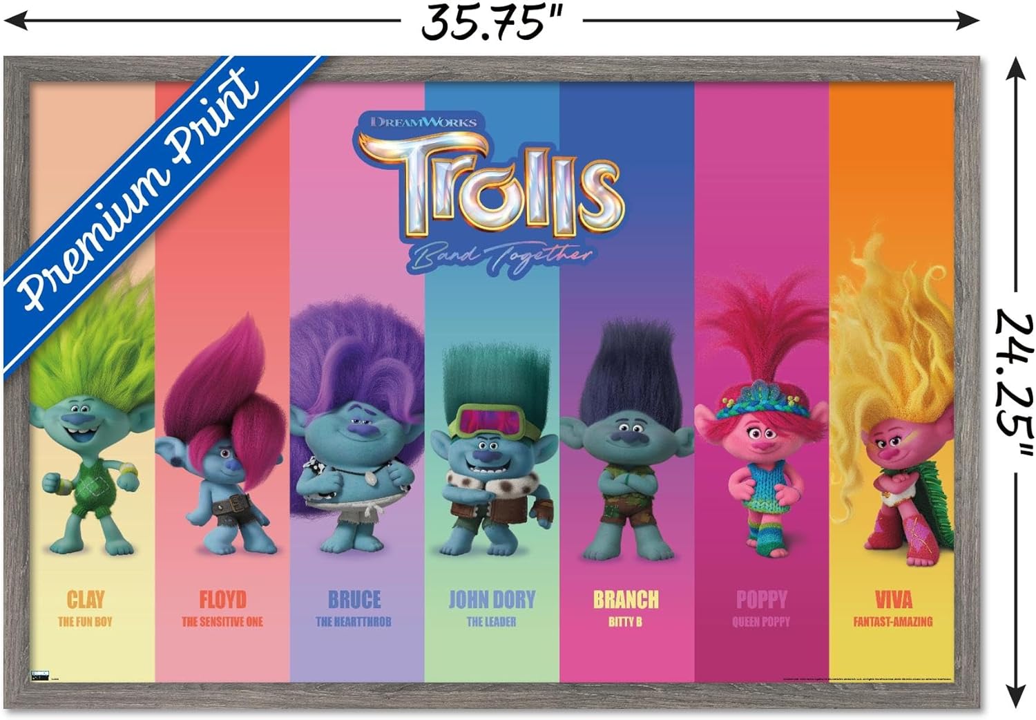 Trends International Trolls Band Together – Póster de pared Perfect Harmony, 22.37 x 34.00 pulgadas, versión enmarcada de madera de granero