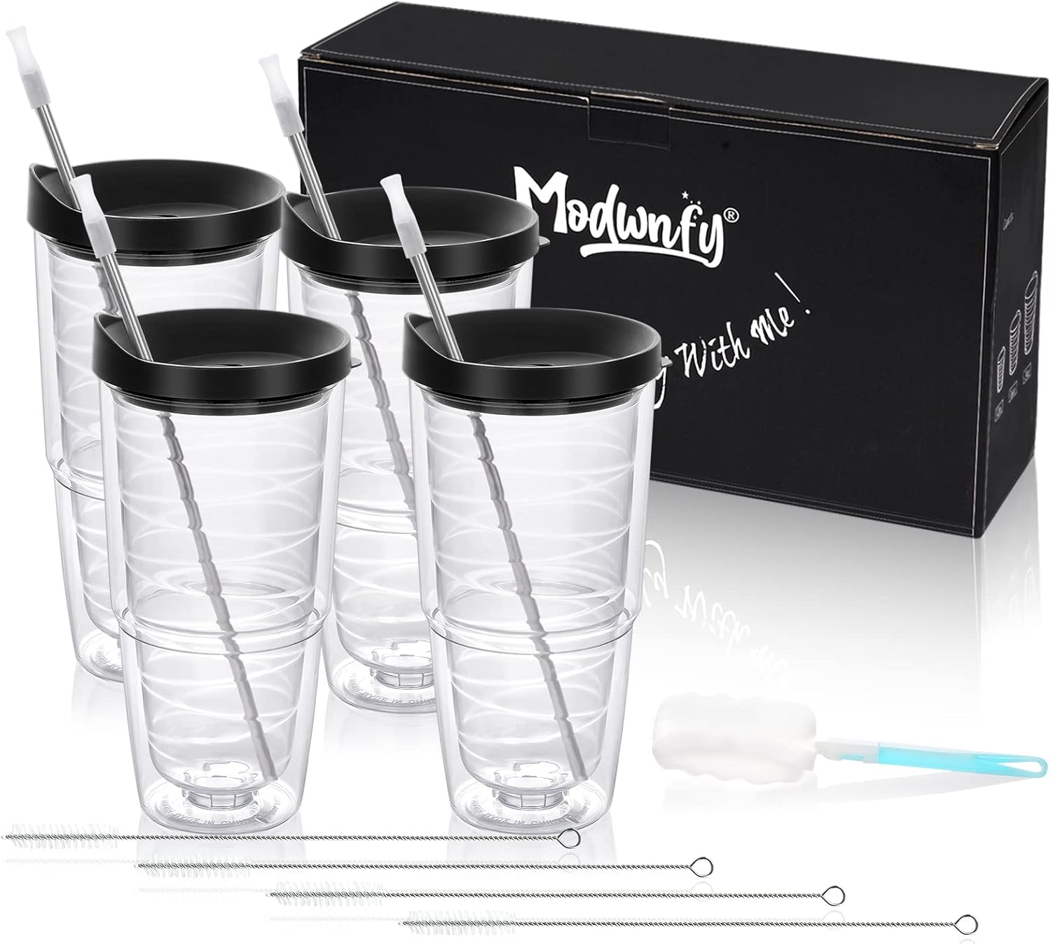 Modwnfy Vaso transparente aislado de 24 onzas, paquete de 4 vasos de doble pared con tapa negra y pajita, vasos de plástico, vasos transparentes de