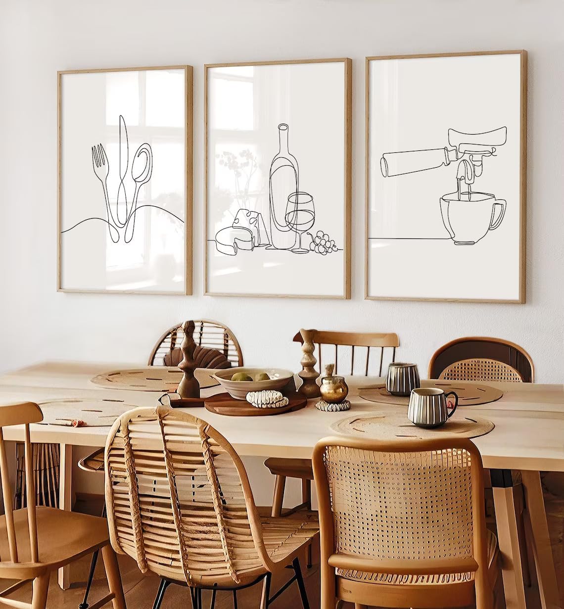 3 piezas de arte de pared de dibujo en línea, moderno, blanco y negro, minimalista, cocina, arte abstracto, impresiones artísticas de comedor,