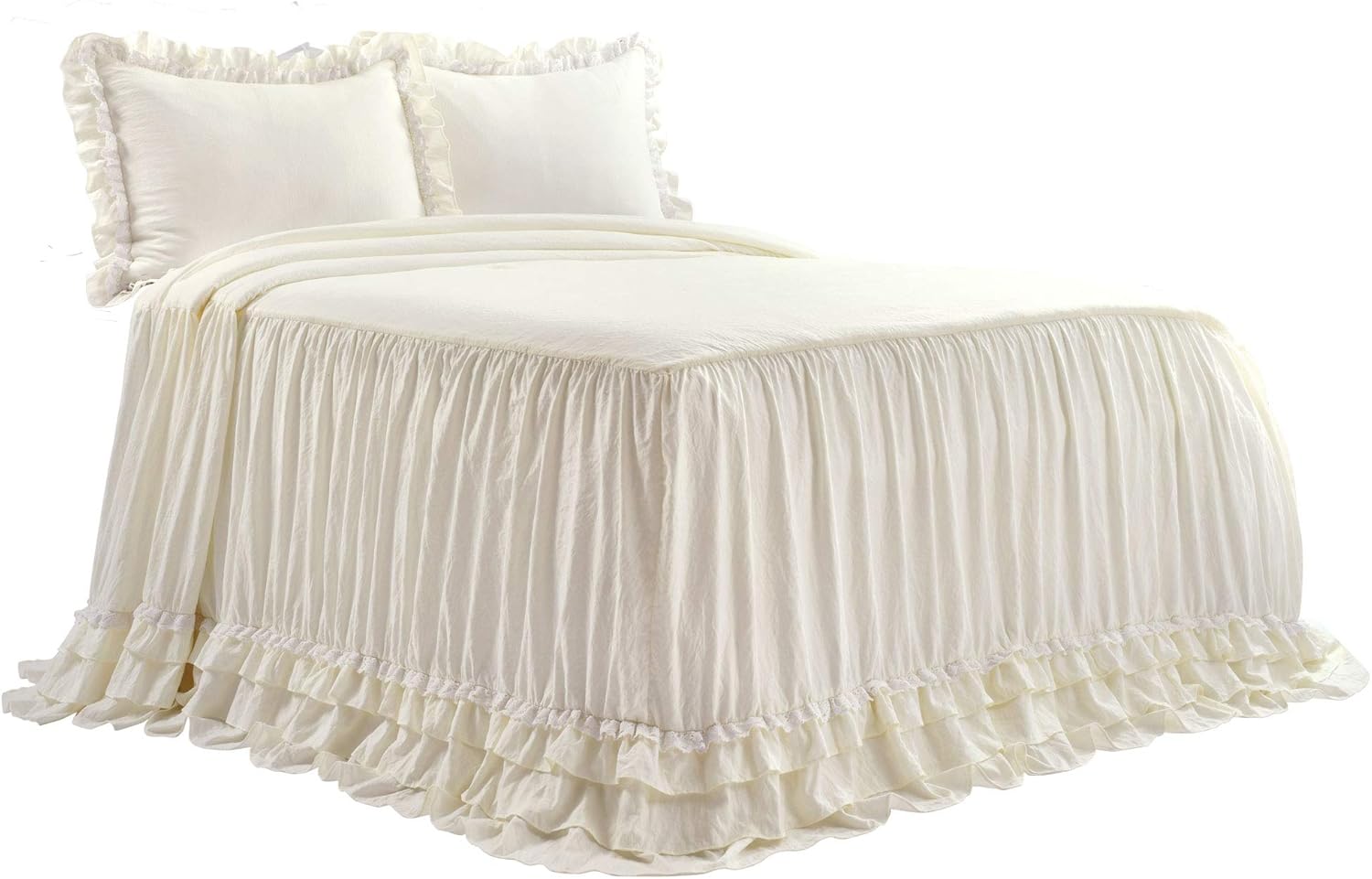 Lush Décor – Juego de Cubrecama con falda de volantes para cama sencilla, estilo Shabby Chic, juego de 2 piezas, Poliéster, Ivory, King