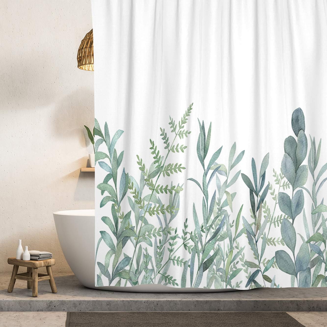 Cortina de ducha bohemia, 72 x 72 pulgadas, dobladillo pesado, impermeable y lavable, diseño decorativo de hojas de eucalipto con 12 ganchos
