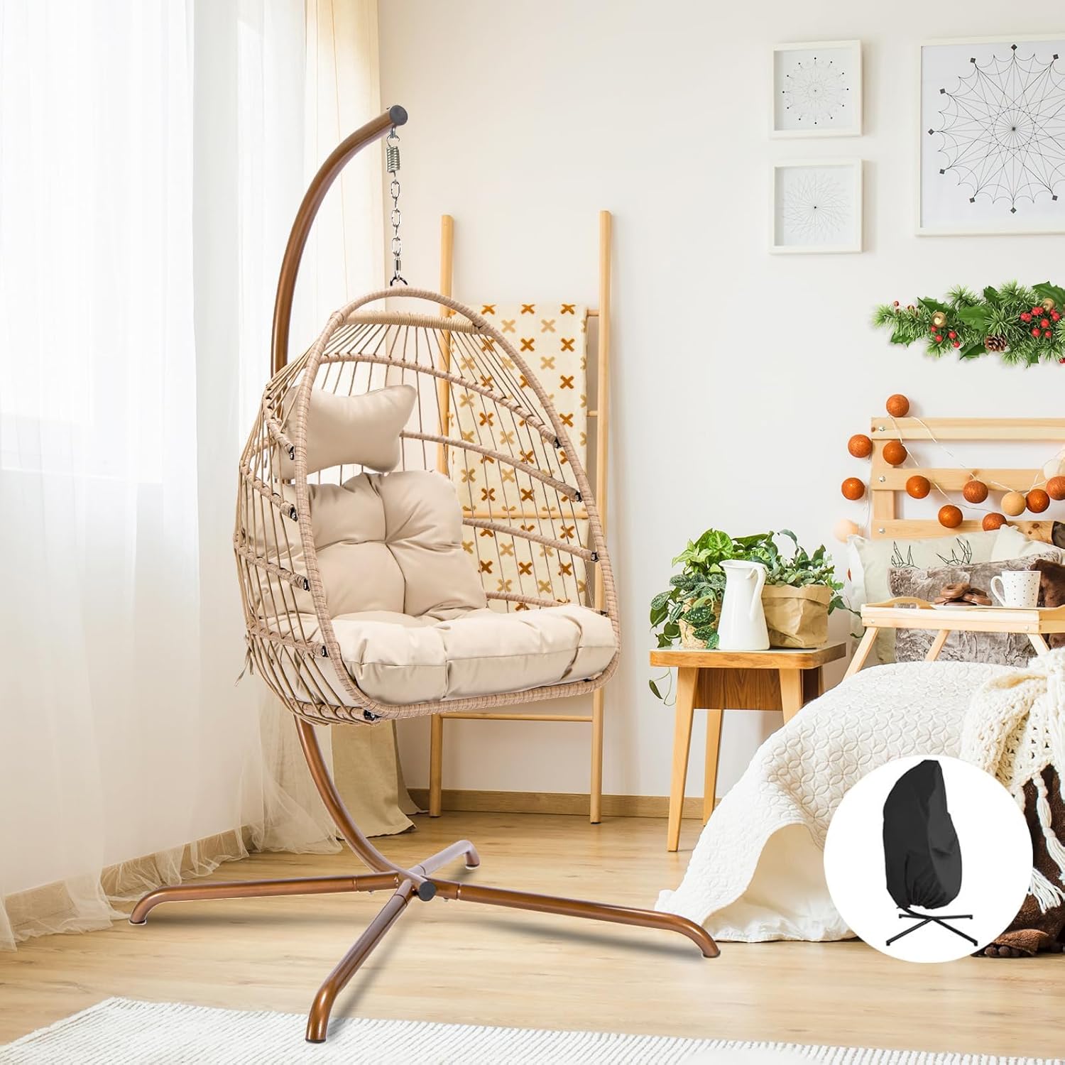 NICESOUL Silla de huevo con soporte para interiores y exteriores, sillas hamaca colgante para todo tipo de clima con cojín, 350 libras, silla
