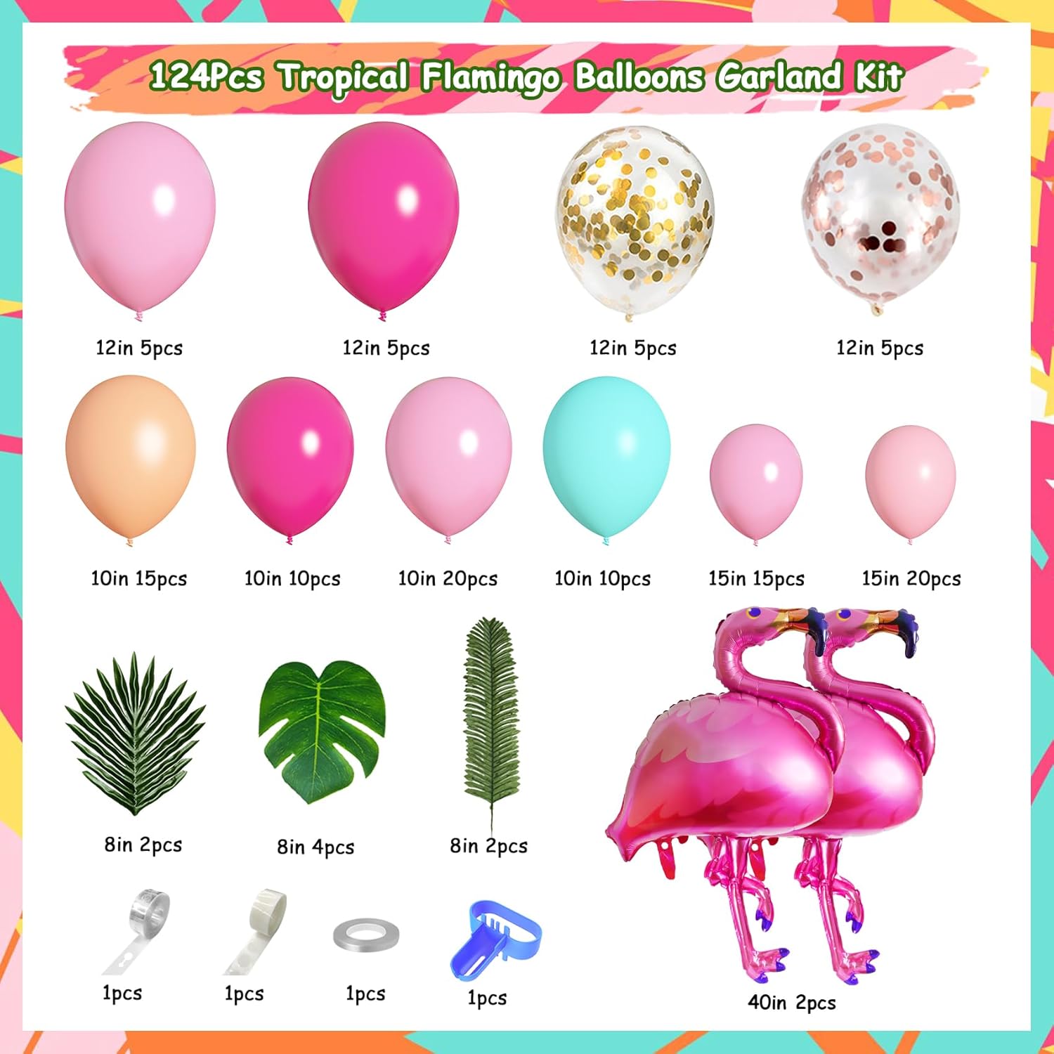 Kit de guirnalda de arco de globos de flamenco tropical de 40 pulgadas, globos de flamenco, globos de confeti rosa intenso, hojas de palma tropical,