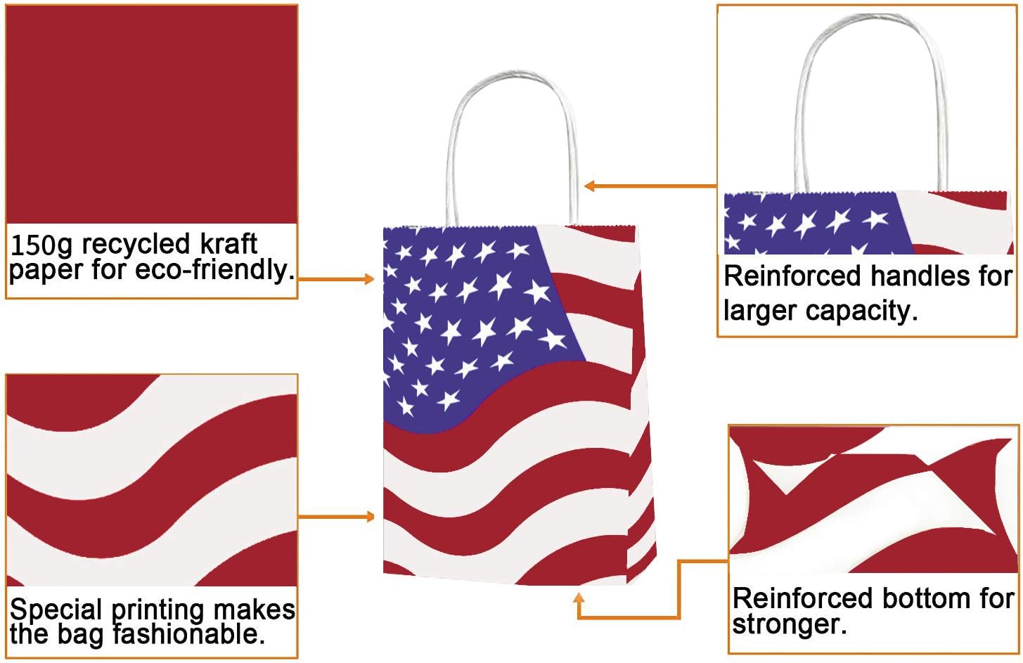 Joffreg Bolsa de regalo patriótica con asas, bolsas de recuerdo de fiesta de bandera estadounidense, decoración para el día de los veteranos, día de