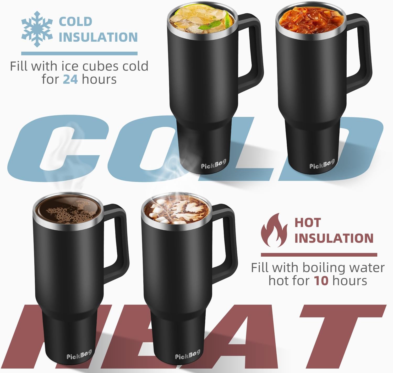 Vaso de 40 onzas con asa y popote, 100% a prueba de fugas, de acero inoxidable, con aislamiento térmico, para viaje, para café, mantiene las bebidas