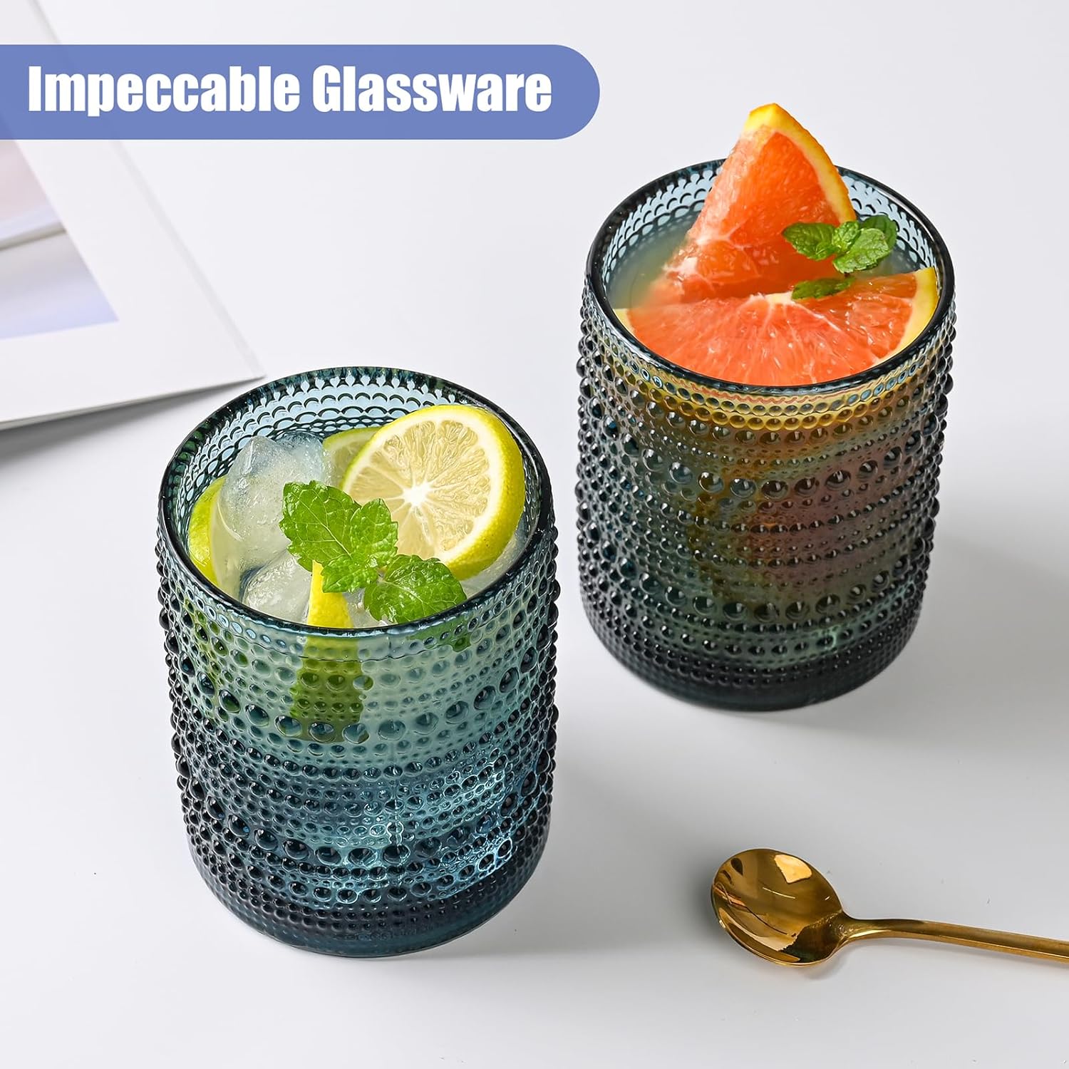 Juego de vasos de vidrio vintage de 6 vasos de vidrio de hobnail de 12 onzas, vaso de agua azul en relieve, para cerveza, cóctel, whisky, jugo y