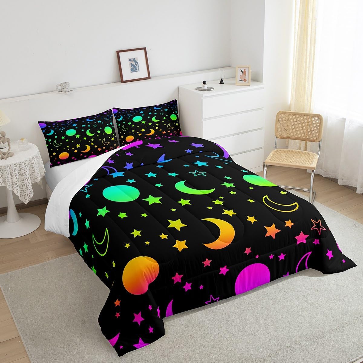 Erosebridal Juego de edredón para niñas, tamaño King, galaxia, estrellas, arcoíris, espacio, con relleno de edredón negro, morado, rosa, verde