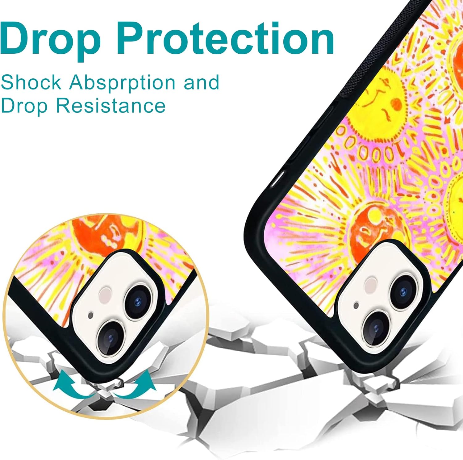 UNNKINE Funda retro amarilla para iPhone 14 Plus para niñas y mujeres, diseño de sol de arte, TPU suave, parte trasera dura, a prueba de golpes,