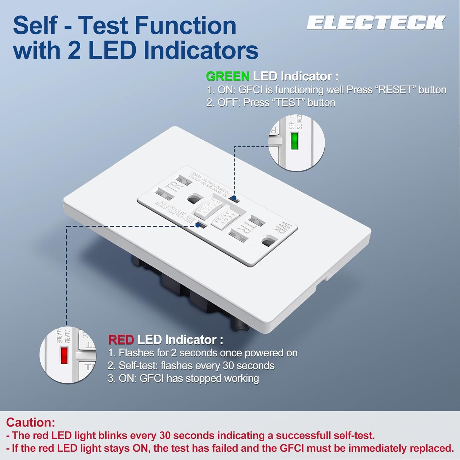 ELECTECK Paquete de 5 salidas GFCI de 15 amperios, resistentes a la intemperie al aire libre (WR), receptáculos GFI de autoprueba con indicador LED,
